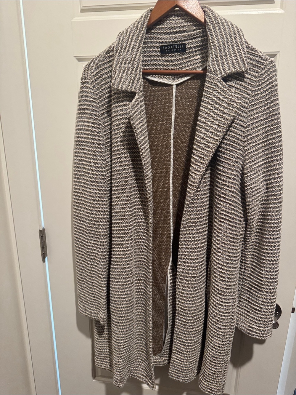 Bagatelle Taupe and Cream Knit Open-Front Blazer